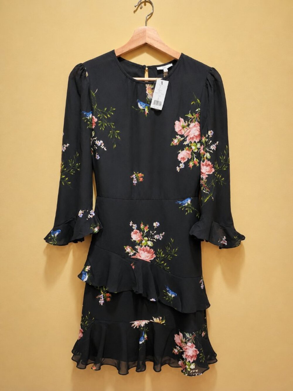 Joie Silk Floral Ruffle Dress Size 2 NWT | Long Sleeve | Black